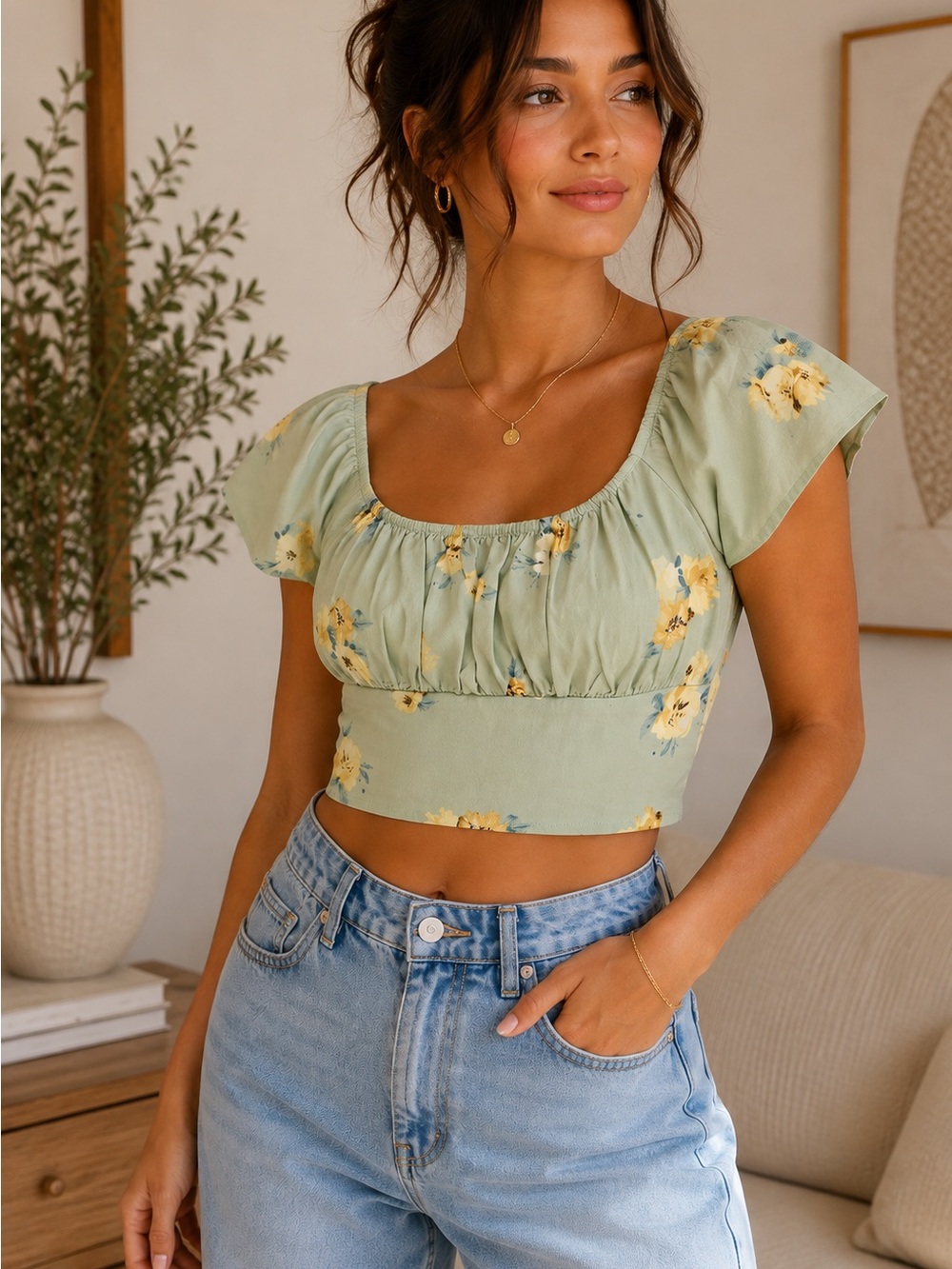 To Be Spoiled Sage Green Floral Puff Sleeve Cottagecore Crop Top